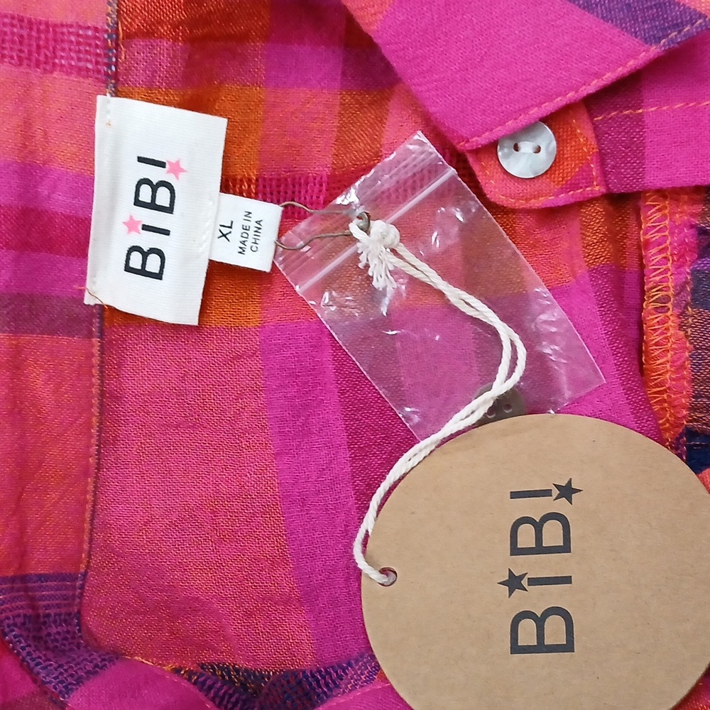 NWT BiBi Button Up Dolman Sleeve Fuchsia Plaid Plaid Shirt XL - Picture 5 of 6